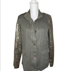 ❌SOLD❌ Women’s Deb Army Style Green Jacket, Gold Sequined Sleeves, fully lined